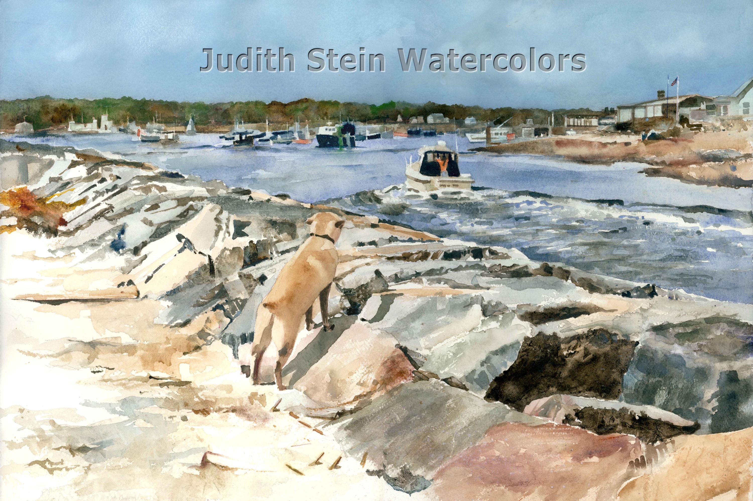 Green Harbor Massachusetts Boats & Labrador Retriever Dog Watch Beach, Seascape Watercolor Painting Print, Wall Art, Home Decor, "On Alert"