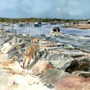 Green Harbor Massachusetts Boats & Labrador Retriever Dog Watch Beach, Seascape Watercolor Painting Print, Wall Art, Home Decor, "On Alert"