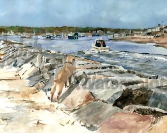 Green Harbor Massachusetts Boats & Labrador Retriever Dog Watch Beach, Seascape Watercolor Painting Print, Wall Art, Home Decor, "On Alert"
