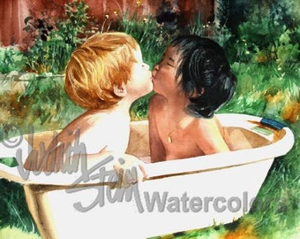 Boy & Chinese Girl Play, Adoption, Bath Tub, Meadow, Children Watercolor Painting Print, Wall Art, Home Decor, "Kissin Cousins" Judith Stein