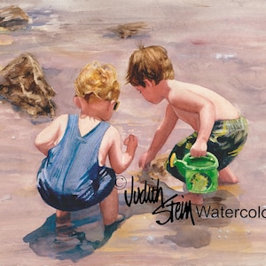 Boys, Friends, Brothers Hunt Treasure, Beach Combers, Children Watercolor Painting Print, Wall Art, Home Decor, "Water, Water, Everywhere"