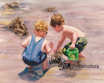 Boys, Friends, Brothers Hunt Treasure, Beach Combers, Children Watercolor Painting Print, Wall Art, Home Decor, "Water, Water, Everywhere"