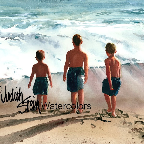 Beach Boys, Brothers, Friends, Blue Bathing Suits, Seashore, Children, Watercolor Painting Print, Wall Art, Home Decor, "Three Musketeers"