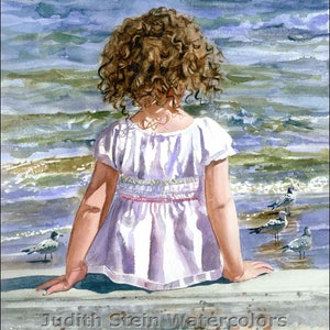 Beach Girl Watch Seagull Sea Bird, Seashore Seascape, Brown Curls, Children Watercolor Painting Print, Wall Art, Home Decor, "Bird Watcher"