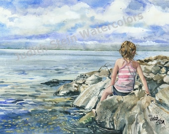 Girl on the Rocks at Lake, Giclee Art Print,Beach Children Watercolor Print, Wall Art, Home Decor, "The Lookout"