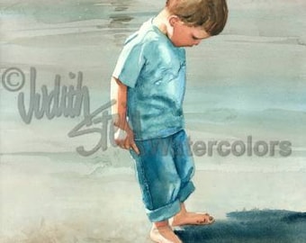 Beach Boy and His Shadow in the Sand, Seashore, Blue Shirt, Jeans Children Watercolor Painting Print, Wall Art, Home Decor, "Me & My Shadow"