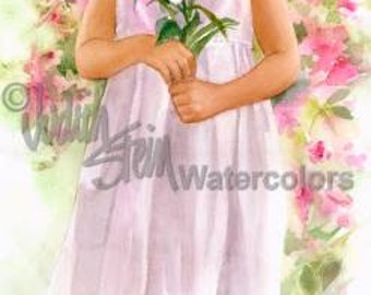 Girl in White Sun Hat, Pink Dress, Smelling Pink Peony Flowers, Children Watercolor Painting Print, Wall Art, Home Decor, "Peony Princess"