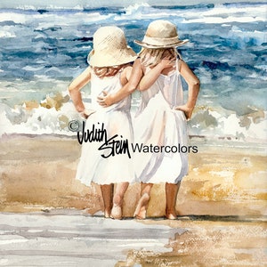 Watercolor Painting Print, Sister, Friend, Hug, Beach, White Dress, Straw Sun Hat, Seagull, Children Wall Art, Home Decor, "Beach Skippers"