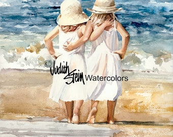 May include: Two girls wearing white dresses and straw hats stand on a sandy beach, facing the ocean. The girls are holding hands and looking out at the water. The sky is blue and there are a few birds flying overhead. The text "Judith Stein Watercolors" is visible in the lower right corner of the image.