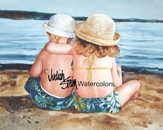 Beach Sister Home Decor,Children Art,Home Decor Lake Brother and Sisters Friends Blonde Hair Children Painting Print,Wall Art Seashore