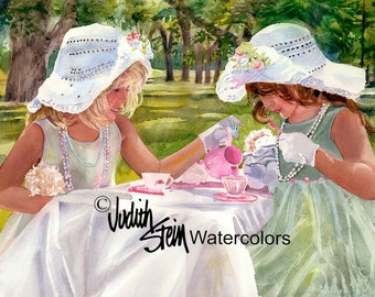 Girl Friends, Sisters, Tea Party in Park, White Hats, Party Dresses, Children Watercolor Painting Print, Wall Art, Home Decor, "Tea for Two"