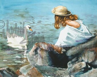 Girl in White Dress, Straw Hat, Feeding White Swan at Lake Pond Children Watercolor Painting Print, Wall Art, Home Decor, "Feeding the Swan"