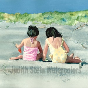 Girls, Sister, Beach Play, Pink, Yellow Swim Suits, Sand Shovel, Pail Children Watercolor Painting Print, Wall Art, Home Decor, "Back at It"