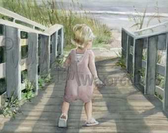 Beach Girl Toddler in Pink Romper on Boardwalk, Seashells, Children Watercolor Painting Print, Wall Art, Home Decor, "Hanging With Hannah"