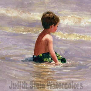 Beach Boy in Green Swim Bathing Suit in Ocean Waves Seashore Ocean Bay Children Watercolor Painting Print, Wall Art, Home Decor, "Bay Watch"