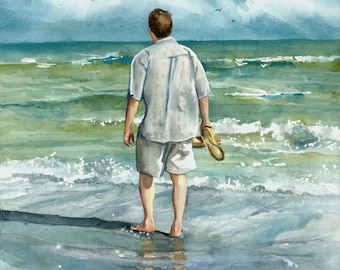 Man Walking Beach, Seashore, White Shirt, Sandals, Seascape, Watercolor Painting Print, Wall Art, Home Decor, &quot;Seaside Stroll&quot;