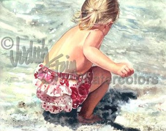 Blond Beach Comber Girl on Seashore, Pink Romper Dress, Seashore, Children Watercolor Painting Print, Wall Art, Home Decor, "Sea Freedom"