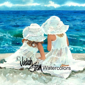 Girl Friends, Sisters on Beach, Blue Sea Ocean, White Hat / Dress, Children Watercolor Painting Print, Wall Art, Home Decor, "Beach Buddies"