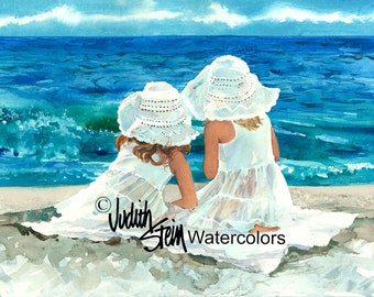 Girl Friends, Sisters on Beach, Blue Sea Ocean, White Hat / Dress, Children Watercolor Painting Print, Wall Art, Home Decor, "Beach Buddies"