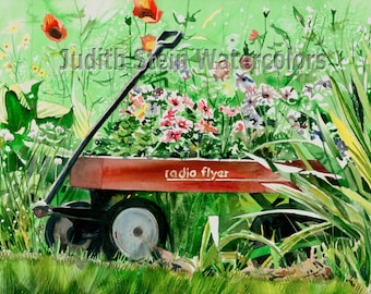 Flower Garden, Vinca, Poppies, Red Wagon, Pink, Red, Green, Watercolor Painting Print, Wall Art, Home Decor, "Radio Flyer" by Judith Stein