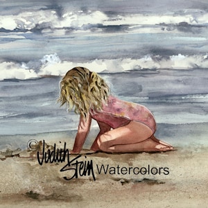 Blond Beach Girl in Pink Swim Suit Digging in the Sand, Seashore, Watercolor Painting Print, Wall Art, Home Decor, &quot;Surf and Turf&quot;