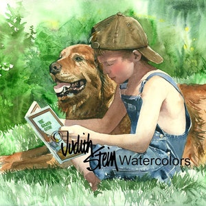 Boy & Golden Retriever Pet Dog Reading Book in Meadow Children Watercolor Painting Print, Wall Art, Home Decor, "Dog's Best Friend" by Stein