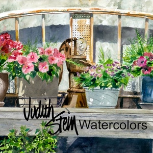 Vintage Bed, Water Pump, Flower Pots, Pink, White, Petunias, Pansies, Watercolor Painting Print, Wall Art, Home Decor, &quot;Bed of Flowers&quot;