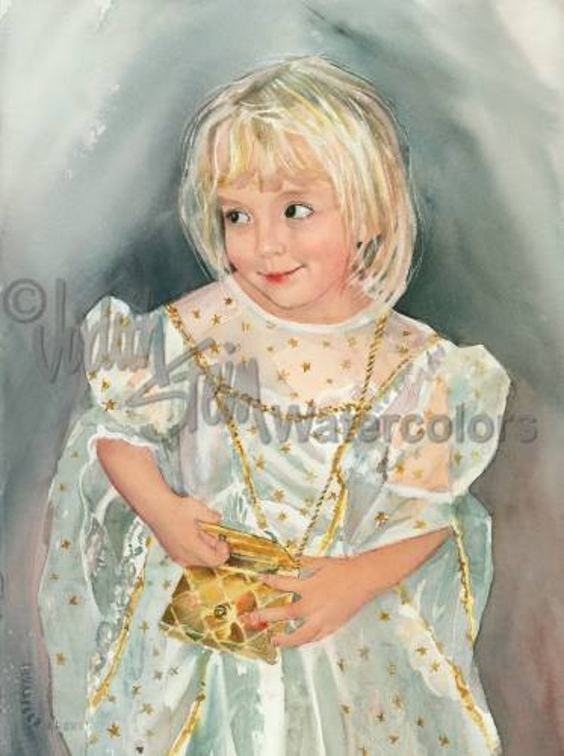 Princess Girl Plays Dress Up in White & Gold Organza Dress, Purse Children Watercolor Painting Print, Wall Art, Home Decor, Pretty Please image 1