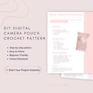 Könnte beinhalten: Ein digitales Häkelmuster für eine Kameratasche. Das Design bietet Schritt-für-Schritt-Anleitungen, ist einfach zu befolgen, anfängerfreundlich und steht zum sofortigen Download bereit. Der Text "DIY DIGITAL CAMERA POUCH CROCHET PATTERN" ist enthalten.