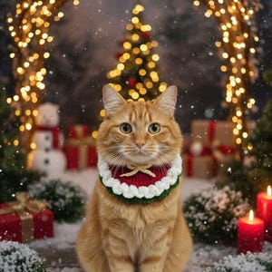 May include: An orange tabby cat wearing a red, white, and green crocheted collar with a bow. The cat is sitting in a snowy scene with a Christmas tree, presents, and string lights in the background. Two red candles are lit.