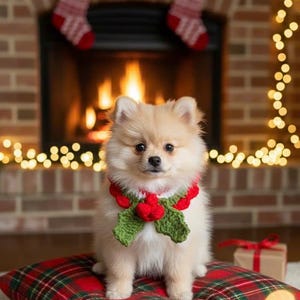 Puede incluir: Un perro Pomerania esponjoso y de color claro con un collar navideño verde y rojo, sentado sobre un cojín a cuadros rojo y verde. El fondo incluye una chimenea, calcetines navideños y luces de cadena, creando una escena festiva.