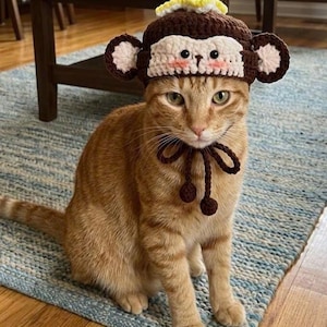 Può includere: Un gatto tabby arancione con un cappello da scimmia all'uncinetto fatto a mano con una banana in cima e una cravatta abbinata. Il cappello presenta un viso bianco, orecchie marroni e guance rosa. Il gatto è seduto su un tappeto blu e bianco.