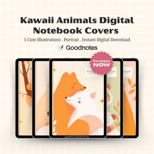 Peut inclure: Couvertures de cahiers numériques avec des illustrations d'animaux kawaii. Les couvertures présentent un renard et un renard blanc s'embrassant, avec d'autres motifs visibles. Le texte indique "Kawaii Animals Digital Notebook Covers" et "Purchase Now."
