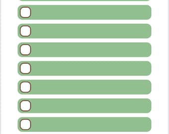 Puede incluir: Una lista de compras blanca con las palabras "Grocery List" en escritura negra. La lista tiene diez casillas rectangulares de color verde claro con un pequeño círculo en el lado izquierdo de cada casilla, para marcar los artículos.