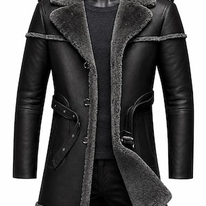 Schwarzer Herren-Trenchcoat aus Shearling-Leder – Langer Wintermantel aus Shearling-Schafsfell