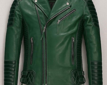 Men’s Green Leather Biker Jacket – Quilted Cafe Racer Motorcycle Style genuine leather