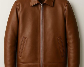 Chaqueta bomber de cuero marrón hecha a mano para hombre / Cuero genuino