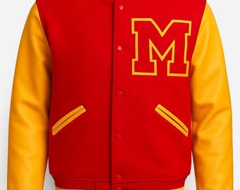 Red and Yellow Varsity Jacket: Unisex Wool & Leather Letterman