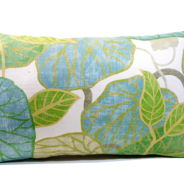Turquoise pillow, lumbar pillow, leaf pillow, Robert Allen tropic scene capri, green, aqua pillow