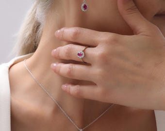Natural Diamond Ruby Jewelry Set 14K White Gold Earrings, Necklace & Ring Minimalist Gift for Her, Christmas Gift Mothers Day Moissanite Set