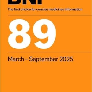 Op de afbeelding: Een oranje omslag met de tekst "BNF" in vette zwarte letters. Daaronder staat "The first choice for concise medicines information." Het nummer "89" staat prominent afgebeeld, gevolgd door "March - September 2025" en "BNF.org."