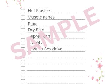 Puede incluir: Una lista de verificación imprimible en blanco con la palabra "Menopausia" en morado en la parte superior y la frase "Track your symptoms" en verde. La lista de verificación incluye síntomas como sofocos y dolores musculares. La frase "you are not alone" está en la parte inferior.