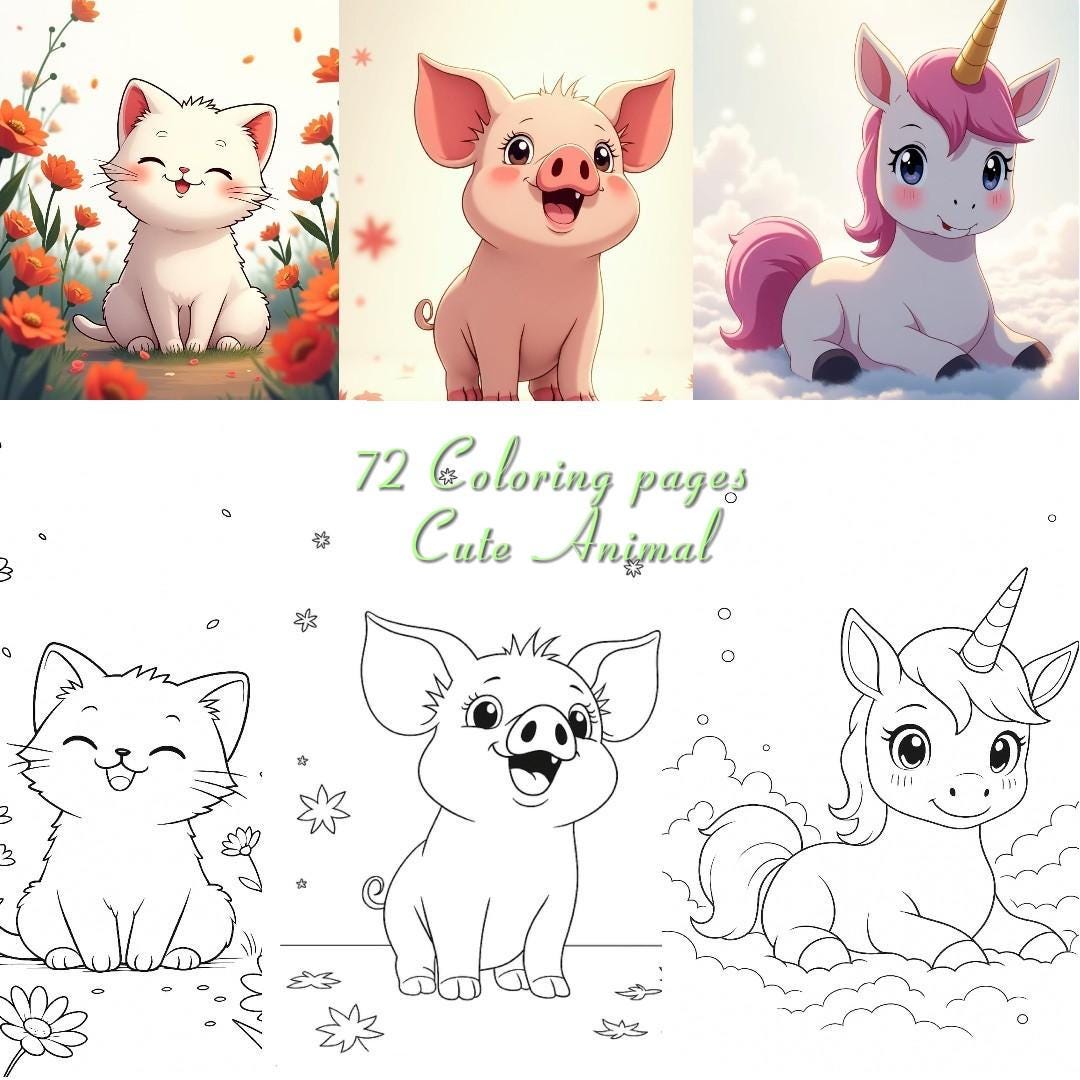 Coloring Pages Cute Animal Bundle 72 Printable Sheets for Kids and ...