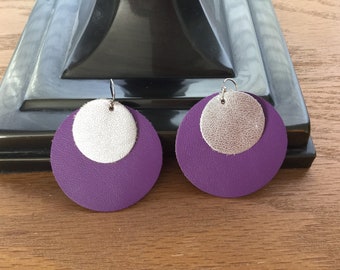 Purple and Silver Circles Layered GENUINE Leather Earrings, Dangle, Adults, Ladies, REAL leather, purple, silver, girls, trendy,