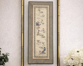 Vintage Asian Silk Art Framed Panel – Chinese Silk Embroidery Wall Decor – Oriental Vertical Art – Gold Bamboo Frame – Antique Style