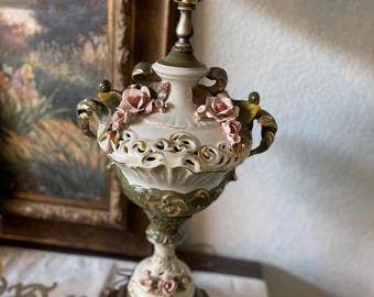 Antique Capodimonte Porcelain Lamp – Italian Hand Painted Floral Table Lamp – Vintage Hollywood Regency Collectible Lighting