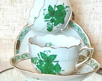 Vintage Herend Apponyi Green Demitasse Cup and Saucer – Hungarian Porcelain Espresso Cup – Hand Painted Herend – Choose Quantity