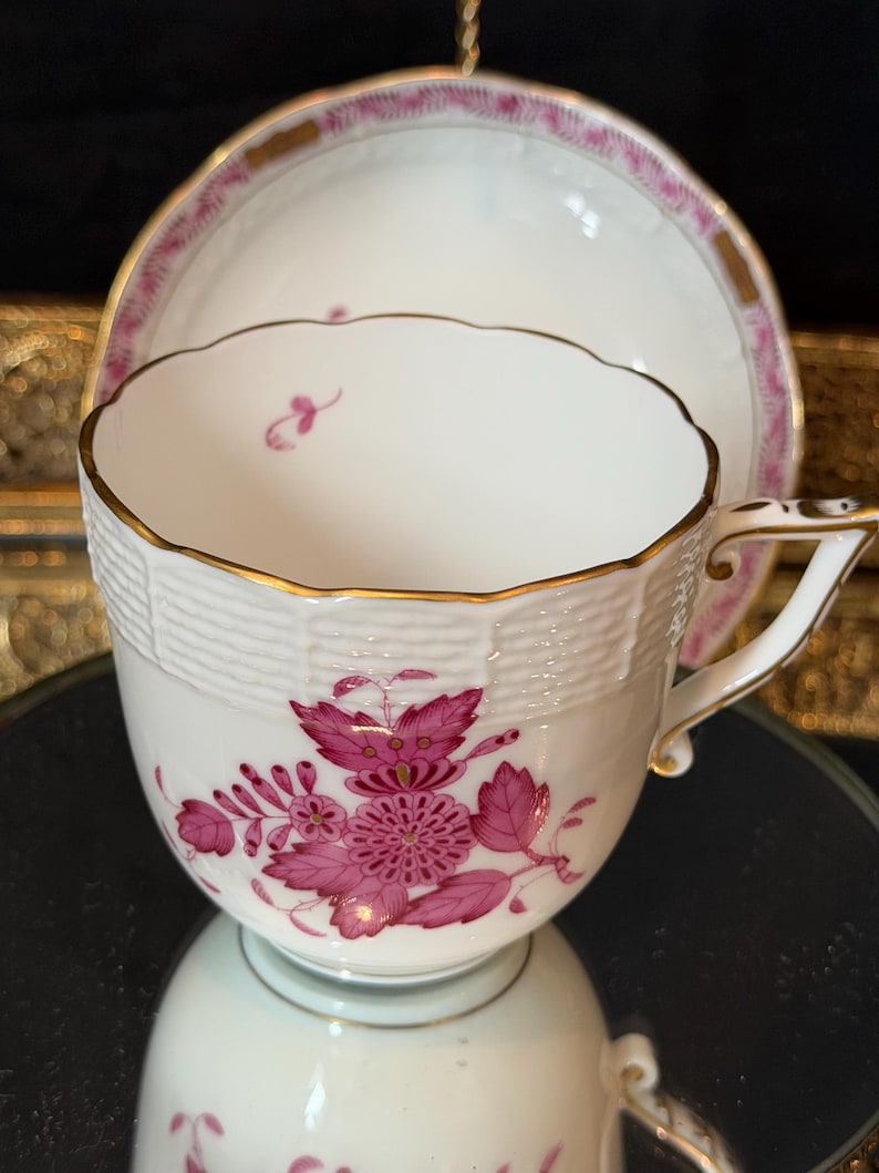 Herend Apponyi Raspberry Porcelain Tea Set | Hand-Painted Floral China Hungary Tall cup