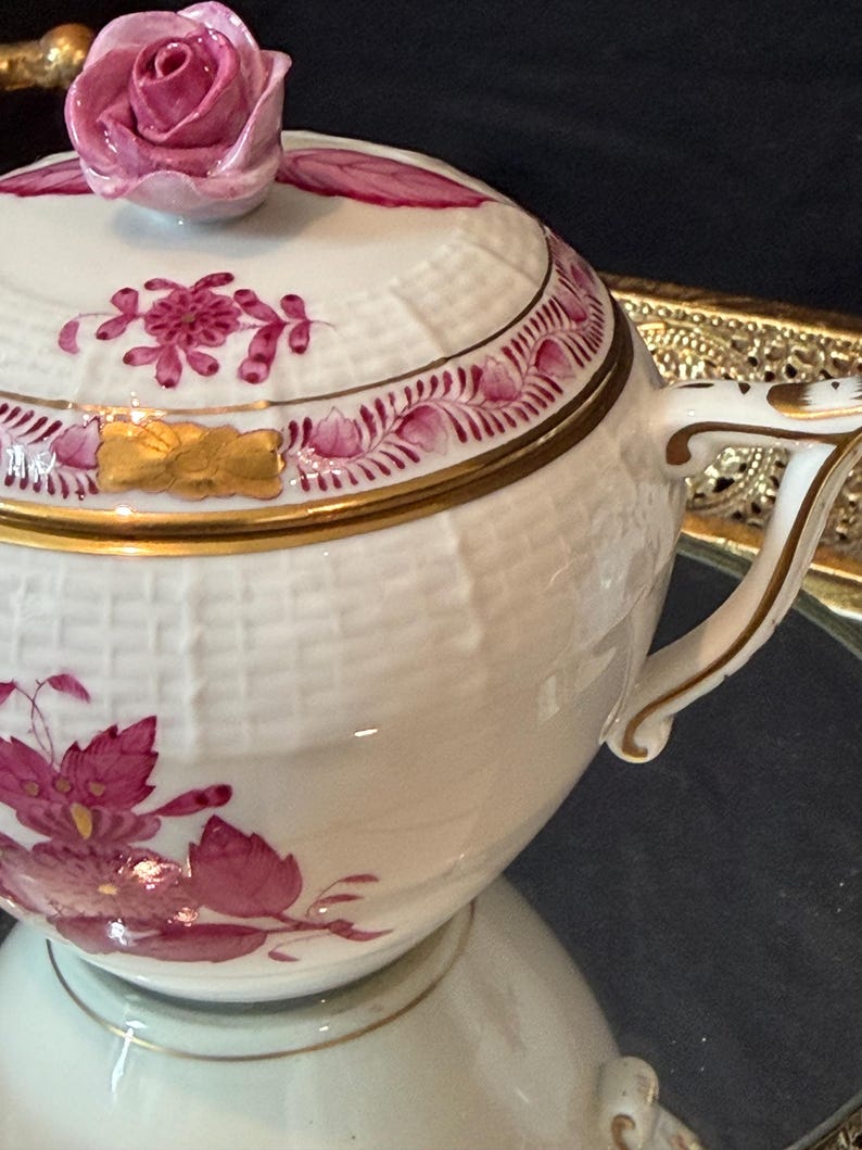 Herend Apponyi Raspberry Porcelain Tea Set | Hand-Painted Floral China Hungary Sugar Bowl