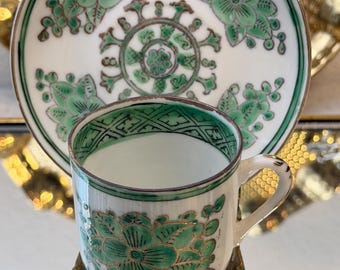 Vintage Chinese Export Porcelain Tea Cup & Saucer – Green Floral Design, Qianlong Mark, Hand Painted